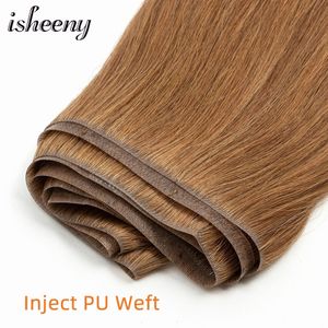 Isheeny Straight Long Tape Weft Hair 12" 22" Invisible PU Skin Human Natural Inject Bundles 100g 231226