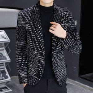 M-3XL Nya trendiga mäns casual blazer svart smal passande rutig personlig kostym jacka topp single breasted blazers party scen