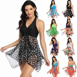 Roupa de banho feminina 2023 nova venda quente esportes ao ar livre impresso malha saia midlength saia sexy moda praia vestido dividido