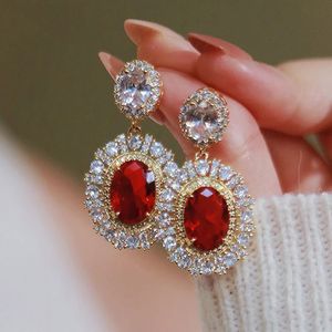 Huitan Aesthetic Gold Color Red CZ Hanging Earrings for Women Full Bling Iced Out Wedding Party Luxury Accessories Trend Jewelry 231226