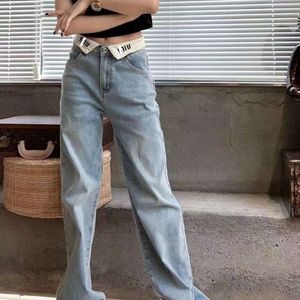 Fashion Jeans Damen Designer -Hosen Frauen weißer Reversbrief Design gerade Bein Hosen lässige lockere schlanke einfache gewaschene Weitbeinhose