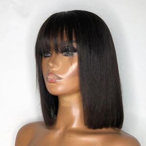 Short Bob Straight Human Hair Wigs With Bangs Full Machine Made Wigs For Black Women Glueless Fringe Wig Brazilian Bangs Wig 231227