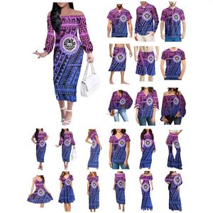 Camisas casuais masculinas Polinésia Tahiti Tattoo Imprime Roupas Mulheres Vestido Combinando Homens Camisa Estilo Conforto Respirável Amantes Azul e Rosa