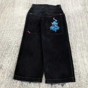 JNCOジーンズY2Kメンズヒップホップダイスグラフィック刺繍バギージーンズレトロブルーパンツハラジュクゴシックハイウエストワイドズボンH8