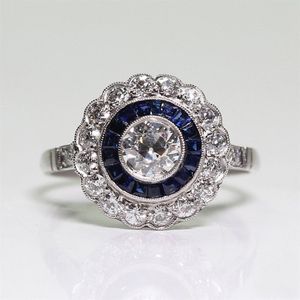 Srebrny okrągły szafirowy pierścień dla wykwintnych kobiet panna młoda księżniczka
