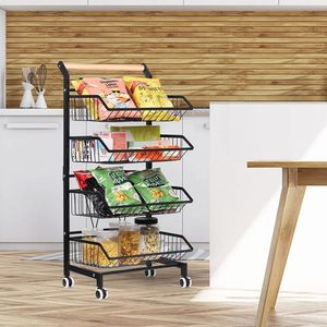 4 Tier Fruit Vegetable Storage Basket Rolling Cart with Handle and Wheels Black Kitchen Island Table 231227