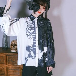 Moda Harajuku stampa teschio Camicette da donna camicie da donna stile punk 2024 Primavera Autunno manica lanterna Blusas Mujer sciolto