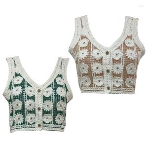 Women's Vests Women Vintage Hollow Crochet Knit Floral Button Down Sleevelesss Crop Cardigan N7YF