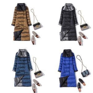 Long Puffer Jacket Mackages Light and Thin White Duck Down Women's Mid Length Diagonal Pocket Lapel Two Sides Through Knee Jacket