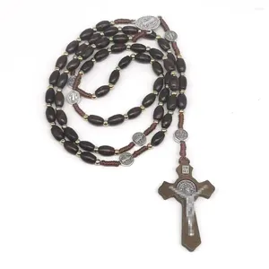 Pendant Necklaces Selling Religious Jewelry Natural Wood Beads Handmade Woven Cross Necklace For Protestant