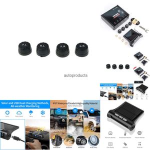 her Car Electronics 433.92MHZ Car TPMS Digital Solar Power Car Tire Pressure Monitoring System With 4 Sensors USB Car Security Alarm tool PSI BAR