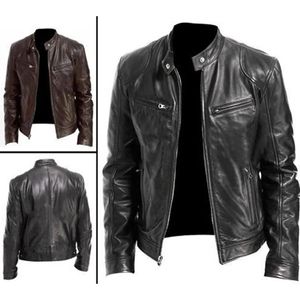 Men Designer Leather Jacket Coats Autumn Winter Stand Collar Zipper Black Motor Biker Motorcycle