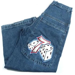 JNCO Jeans Y2K Mens Hip Hop Dice Graphic broderade baggy jeans Retro Blue Pants Haruku Gothic High Maisted Wide Byxor H9