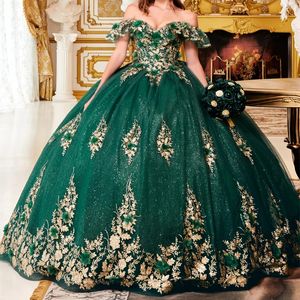 Emerald Green Shiny Ball Gown Quinceanera Dresses Off the Shoulder Cathedral Train Applique Floral Corset vestidos 15 de xv anos modernos