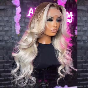 Peruker peruanska hår ombre grå blond färgad transparent spets frontal peruk förplukt askblond kroppsvåg peruk för svarta kvinnor synteti