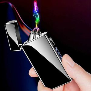 Metal Electric Plasma USB Double Arc Pulse Lighter LED Display Outdoor Windproof Flameless Pulse Cigarett Lighter Men's Gift