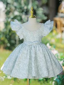 Girl Dresses O-neck Flying Sleeve Sweet Flower Fringed Beading Design Simple Slim Waist Kid Birthday Robe Pleated Princess Dress