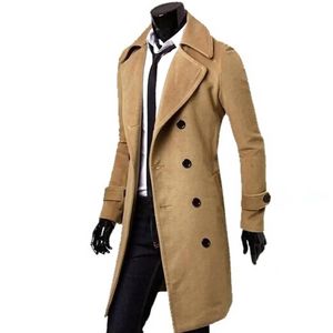 Casacos de lã masculinos lapela casaco longo jaqueta trespassado cor sólida casaco outono inverno grosso longo trench coat outwear 231226