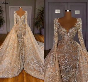 Sparkly Lace Luxurious Crystals Mermaid Wedding Dresses with Detachable Train Long Sleeves Champagne Formal Bridal Gowns Plus Size Vestidos Dubai Arabic CL3121