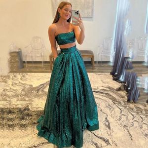 Glitter Dark Green Prom Birthday Dress 2024 Dwa kawałki seksowne cekiny bez ramiączek A-line długie wieczór formalne suknie imprezowe Vestido de Feast Robe de Soiree