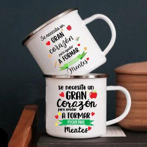 Det kräver ett stort hjärta för att hjälpa till att forma en liten själ. Spanish Emalj Cup Teacher's Drink Juice Coffee Dessert Cocoa Milk Handle Cup 231227