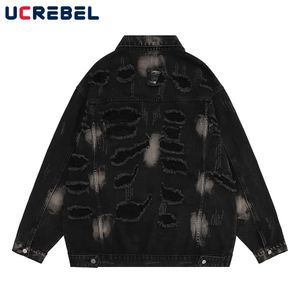 Hip Hop Streetwear Raped Otiwa dżinsowa kurtka męska luźna umyta długie rękawowe lapowe odzież wiejska Mężczyźni 231227