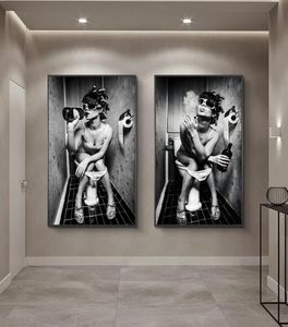 Nordic Canvas Art Posters And Prints Sexy Girl Sit in a Toilet Black and White Woman Smoke and Drink in Restroom Picture Poster3880374