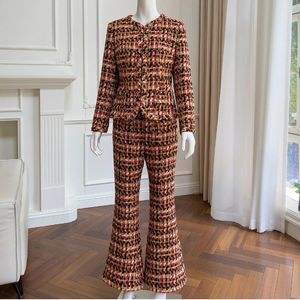 Kvinnors tvådelar Europa American Autumn Winter Chic Women High Quality Plaid Tweed Coat Flare C367