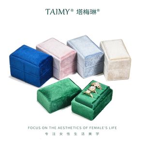 Taimy Velvet Jewelry Box Quadrilateral Ring Box Three Ring Box Wedding Ring Box med avtagbart lock Smyckesorganisatör lagring 231227