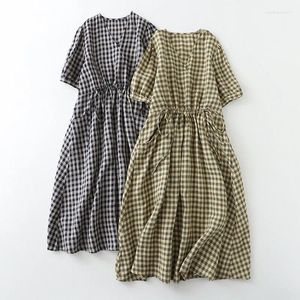 Party Dresses Vintage Plaid Summer Dress Woman 2023 Trendy Sexig V-ringning Kort ärm Maxi Lady Beach sundress Vestido Feminino