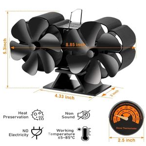 Double de cabeça 12 lâminas Fan alimentado por calor Mini lareira Log Wood Eco Fan silencioso Distribuição eficiente 231227