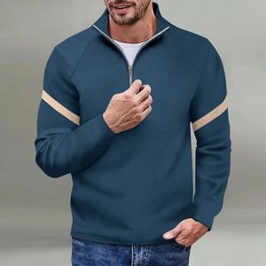 Autumn Winter Men's Polo Shirt Warm Long Sleeve Zipper Stand Color Matching Fashion Casual Plush Tees Tops Men Clothing 231227