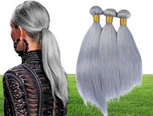 Brazilian Silver Grey Human Hair Extensions 3Pcs Silky Straight Remy Hair Weaves Pure Grey Color Human Hair Bundles 10-30"6787105