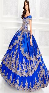 Off the ramion Royal Blue Quinceanera sukienki ze złotymi suknie balowymi sukienki balowe koronki Sweet 16 imprezowe suknie1679919