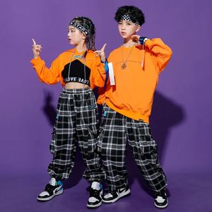 Boys Hip Hop Sweatshirt Plaid Joggers Girls Crop Top Hoodies Street Dance Pants Clothes Set Kids Streetwear Outfit Child Costume 231227