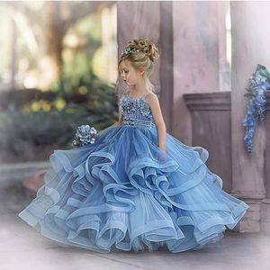 Dusty Blue Spaghetti Cute Girls Pageant Dresses With 3D Floral Appliques Tiered Ruffle Kids Formal Wear Wedding Party Flower Girl Dress Long First Communion Dress