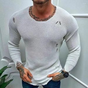 Camisolas masculinas primavera outono camisola casual em torno do pescoço sólido manga longa rasgado fino de malha fazer buracos velhos camisetas topos pulôver masculino