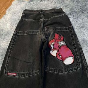 JNCO Y2K الشارع الشارع الهيب هوب قفازات الملاكمة الجرافيك جينز فضفاضة السراويل السوداء الرجال نساء هاروكو القوط