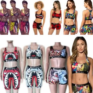 Swimwears Swimwear Women's Swimsuit Tie up Bra +Shorts Half Length Pants 2 Piece Tracksuit Patchwork Shark Camo Striped Bikini Set E22908