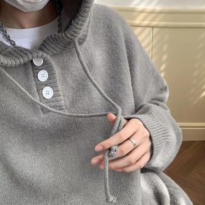 Męskie swetry męskie Sweter poliestrowy vintage streetwear z kapturem z sznurkiem stały kolorowy dzianinowy rozmiar na jesień