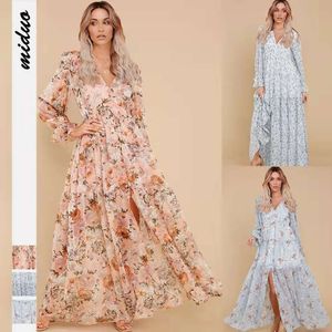 Women's Fashion Sexy Deep V-neck Long Sleeve Dropped Cardigan Spring and Autumn Fragmented Flower Dress Women