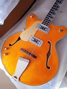 Högerhändig baselektrisk gitarr 4-strängar Vintage Clear Yellow Gloss Semi-Hollow HH Pickups