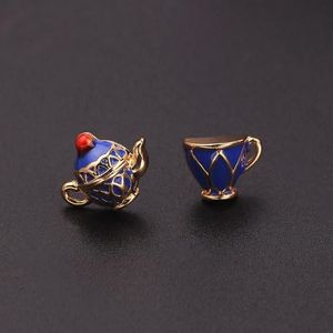 Stud 10 teile / los Vintage Bunte Emaille Teekanne Teetasse Frauen Ohrringe Hochwertige Goldfarbe Messing Asymmetrische Earring2073