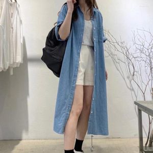 Party Dresses Casual Denim Dress for Women Chic Summer Lapel Single Breasted Loose Multi Pocket Long Shirt Vestidos Robe Cardigan Coat