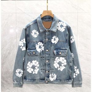 "Stylish Floral Pattern Denim Coat for Women and Men - Designer Wash Blue Jacket with Button Letters, Perfect for S-XL Sizes"