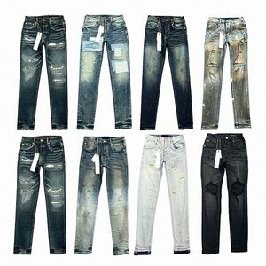 Designer-Herren-Lila-Jeans für Damen, gestapelt, lange Ksubi-zerrissene High-Street-Jeans, Retro-Lackfleck-Patch-Loch-Denim, Streetwear, Silm-Füße, Mikro-elastische Hose