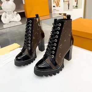 Designer estrela trilha tornozelo botas projetos botas de salto alto mulheres preto bezerro couro lona zip tornozelo bota sapatos 35-42 05