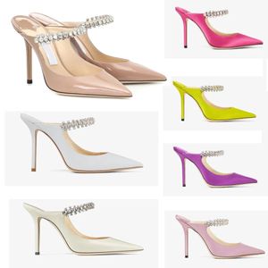 Kvinnor Sandal Slipper High Heels London Designer J-M-Shoes Bing Crystal Strap Mules Pointy Naked Patent Leather Brand med Box