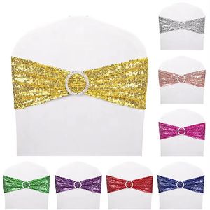 10 50pcs cekinowe szarfy na imprezę obiadu Bankiet Covery Dekoracja rozciągnięcia krzesło Bow Krzesło Back Flower Bands 231227