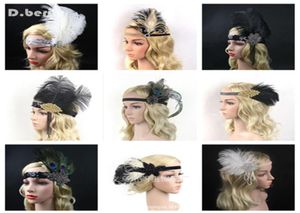 4PCSLOT Women Feather Headband Hårtillbehör Rhinestone Pärled Sequin Hair Band 1920s Vintage Gatsby Party Headpiece8190076